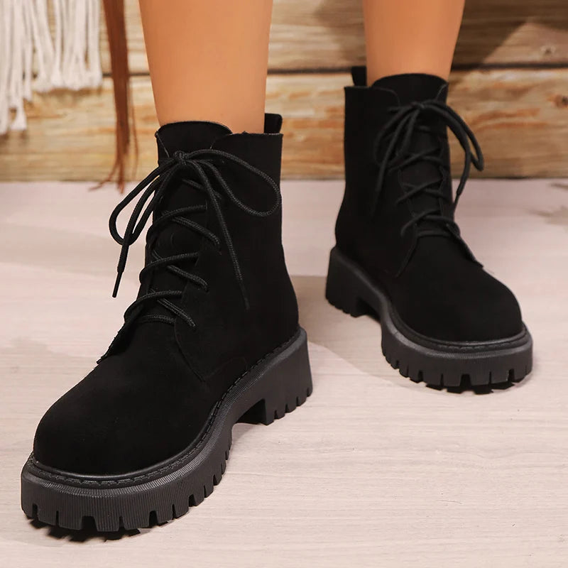 Retro Faux Suede Platform Ankle Boots Women Autumn Winter Plus Size Lace Up Shorts Booties Mujer Comfort Thick Sole Boots Woman