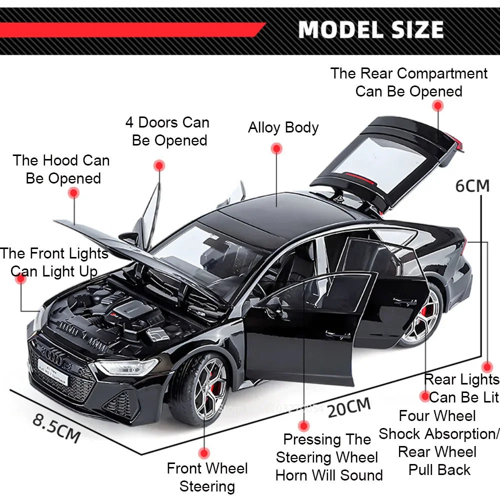 1:24 RS7 Sportback Diecast Model Alloy Toys Car Doors Opened Sound Light Pull Back Front Wheel Steering for Children's Toy Gifts