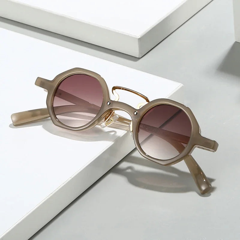 JNPCXI Retro Small Polygon Round Women Sunglasses UV400 Fashion Double Bridges Punk Men Rivets Clear Gradient Sun Glasses Shades