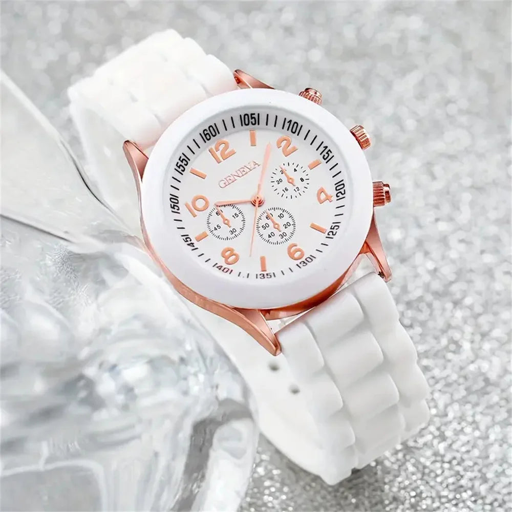 6PCS Women's Watches  Silicone Band Quartz Watch Heart Pearl Jewelry Set W/O box