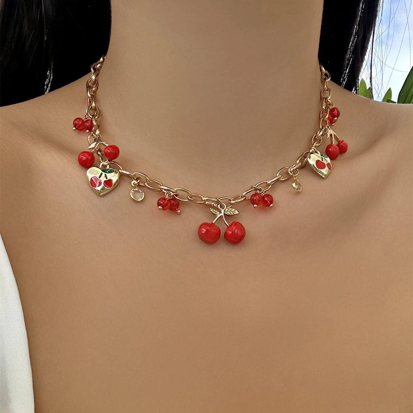 Sweet Charms Heart Cherry Strawberry Bow Multiple Pendant Necklace for Women New Trendy Cute Fruit Choker Chain Y2k Jewelry Gift