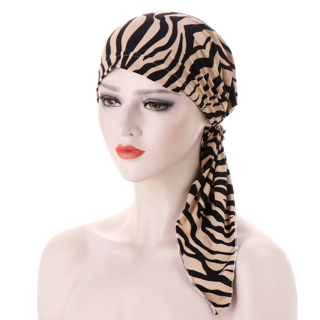 Trendy Print Women Muslim Hijab Caps Wrap Head Soft Elastic Long Tail Turban Bonnet Fashion Headdress Wearable