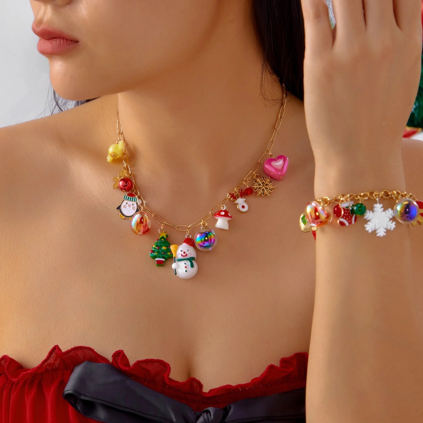 Trendy Christmas Tree Bell Snowflake Pendant Necklaces for Women Cartoon Elk Snowman Charm Bracelets Festival Party Jewelry Sets