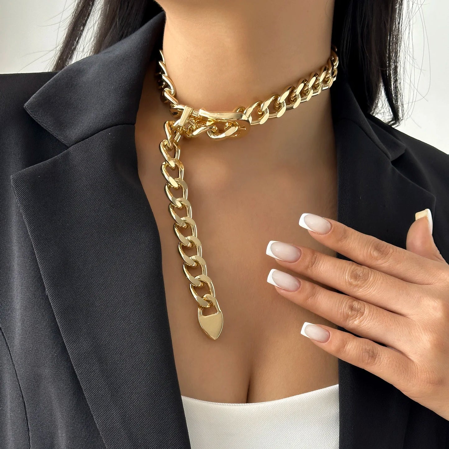 Exaggerated Big Heavy Metal Belt Choker Necklace for Women Men Punk Thick Chunky Clavicle Chains Steampunk Grunge Neck Jewelry