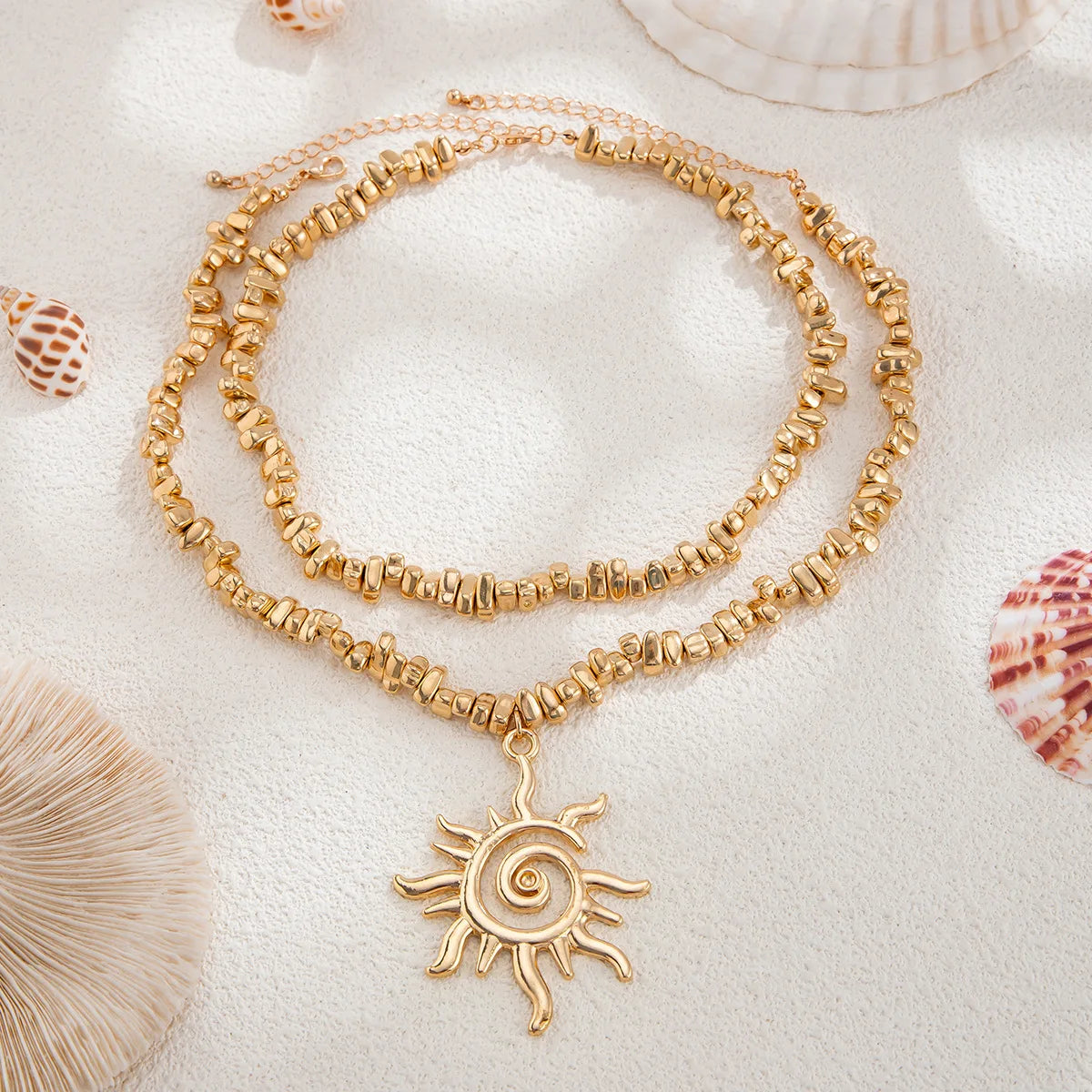Vintage Chunky Spiral Sun Pendant Necklace for Women Men Boho Ethnic Sun Flower Multilayer Necklace Beach Vacation Jewelry Gift