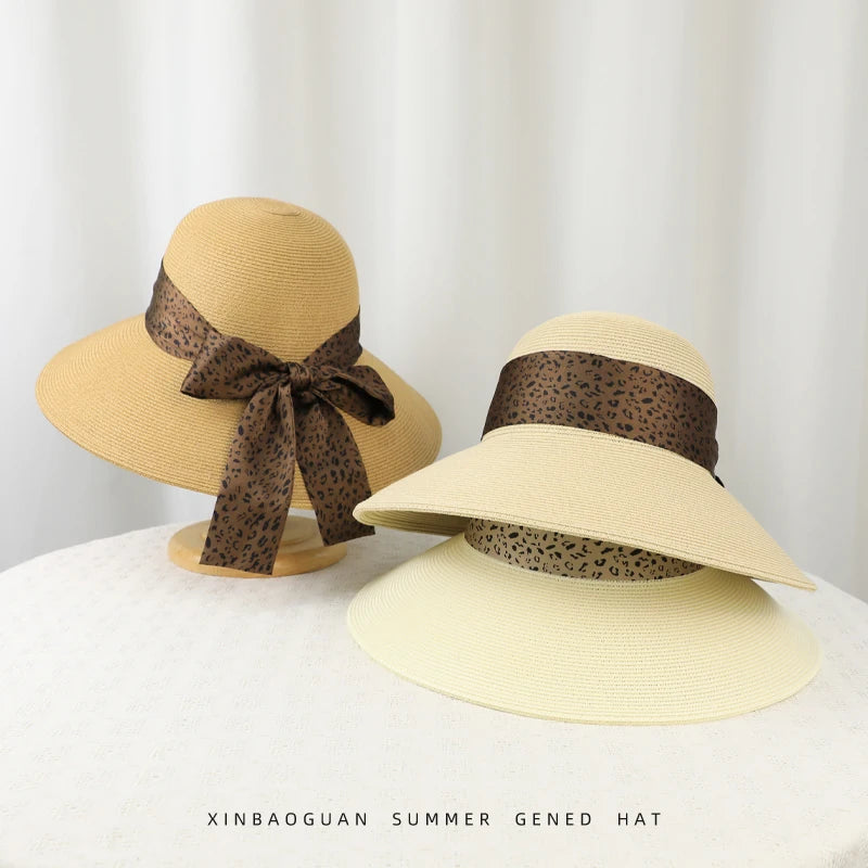 6177-New summer women's high-end leopard print bow hat for beach and resort, with sun protection function.