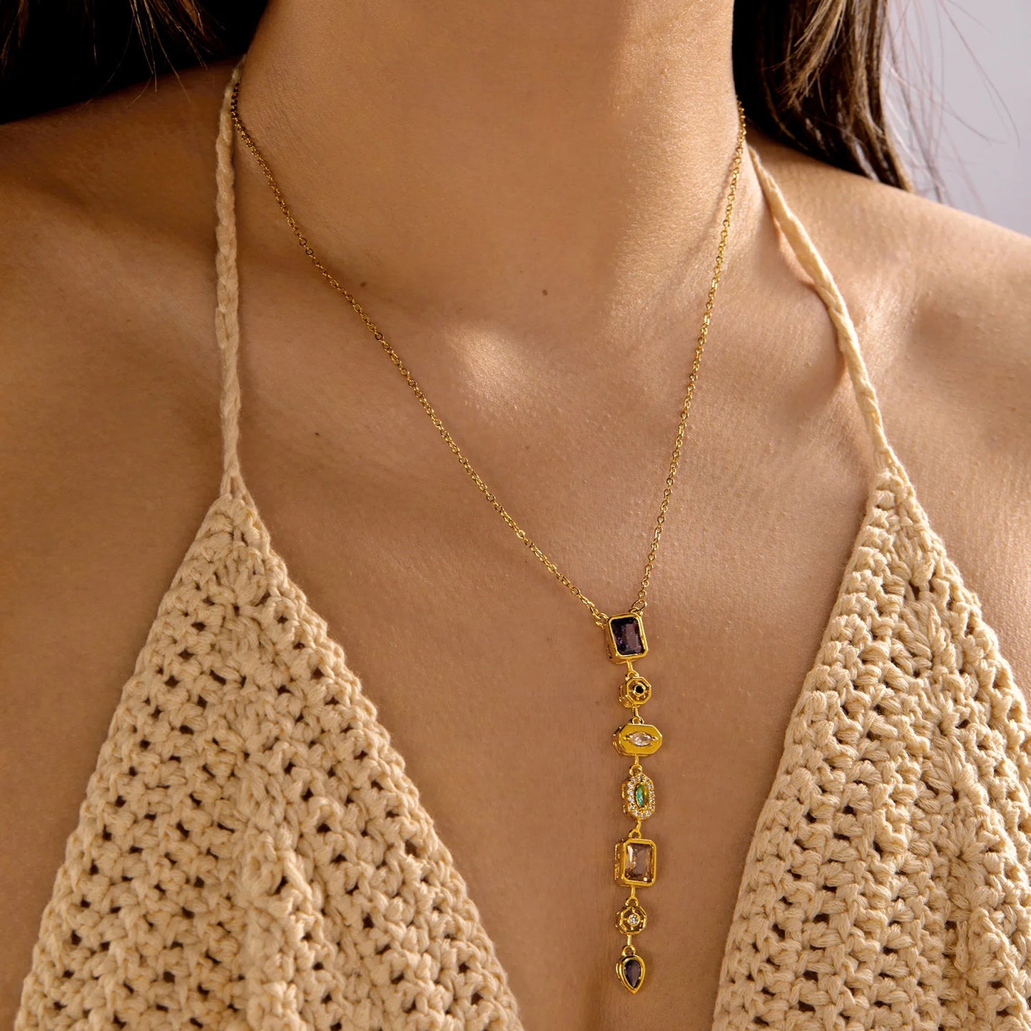 Shiny Colorful Tassel Star Burst Diamond Shape Long Pendant Stainless Steel Necklace for Women Bohemian Layered Jewelry Gift