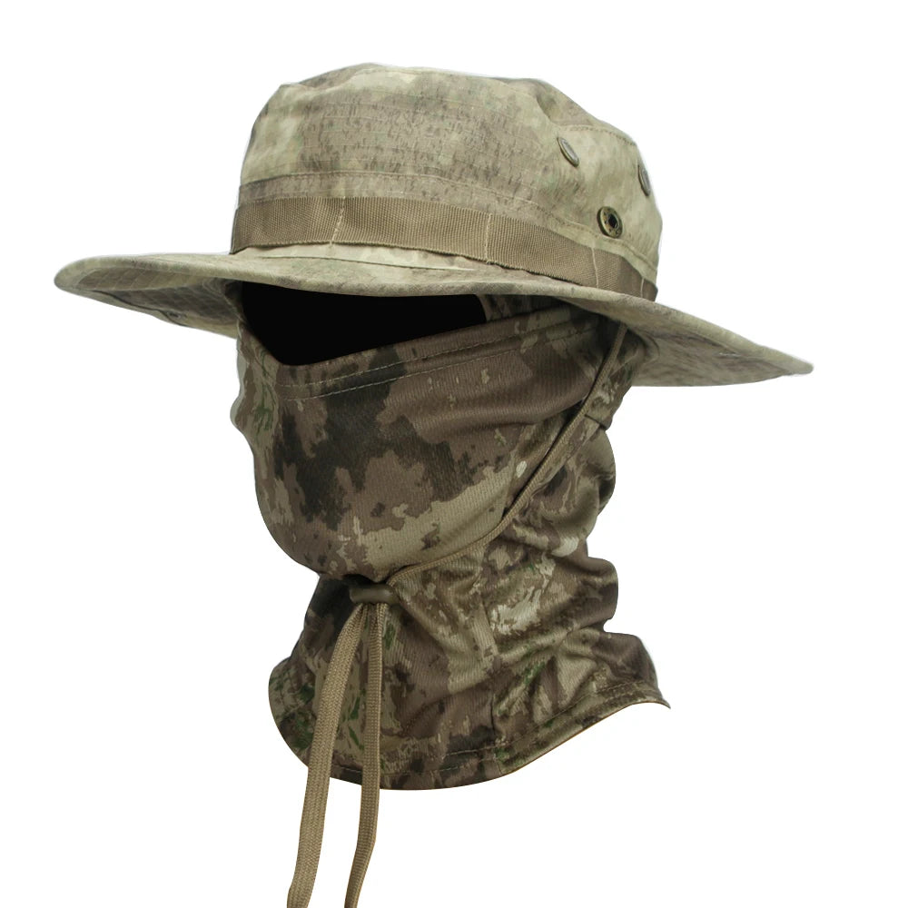 2Pcs Wide Brim Hat & Balaclava Set Men Outdoor Sun Boonie Cap Hiking Fishing Hat