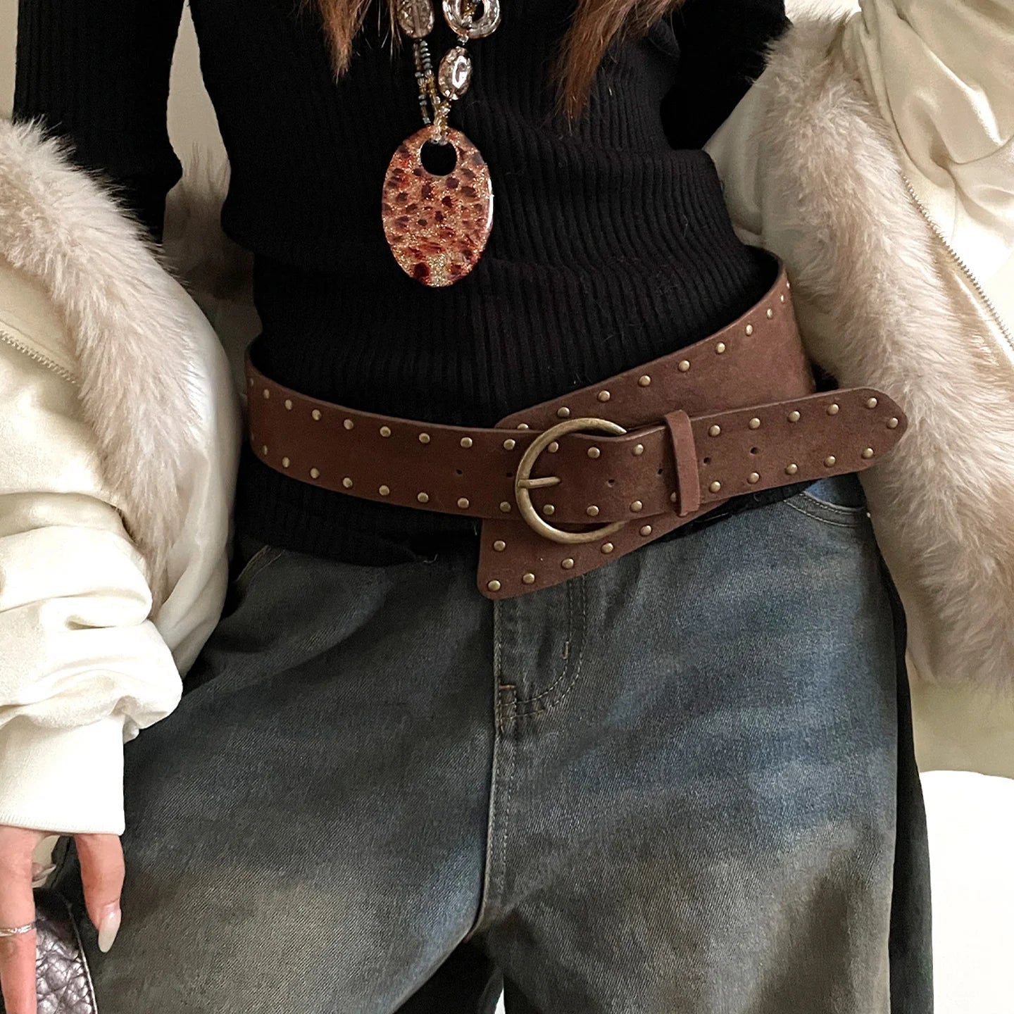 Retro American Punk Style Velvet Rivet Wide Belt For Women Design Sense Waistcoat With Skirt Jeans Belt