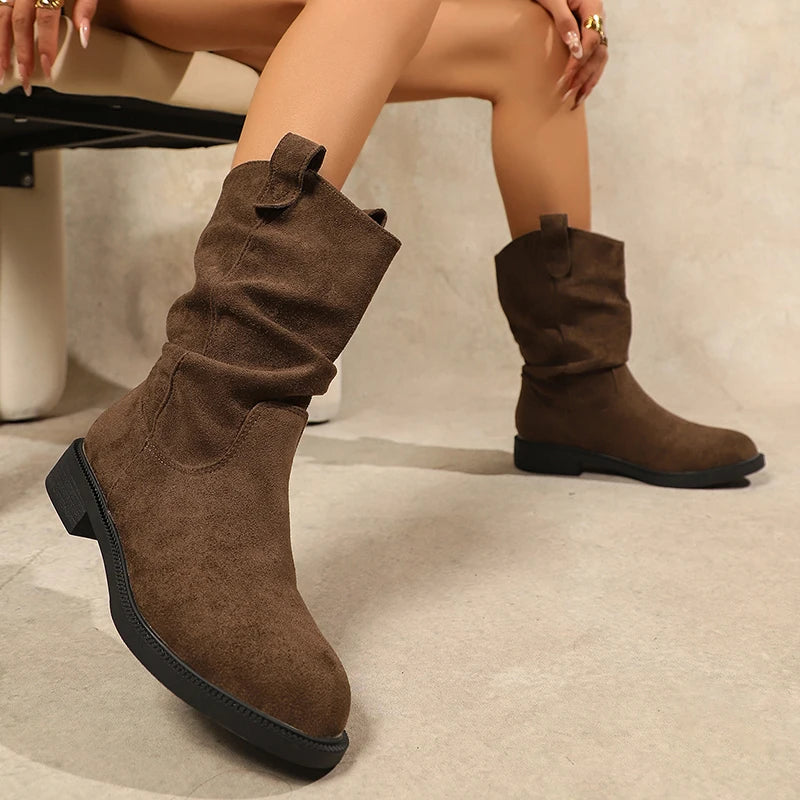 Autumn Winter Low Heel Mid Calf Boots Women 2025 Plus Size Slip On Western Boots Woman Vintage Pleated Design Flock Botas Mujer