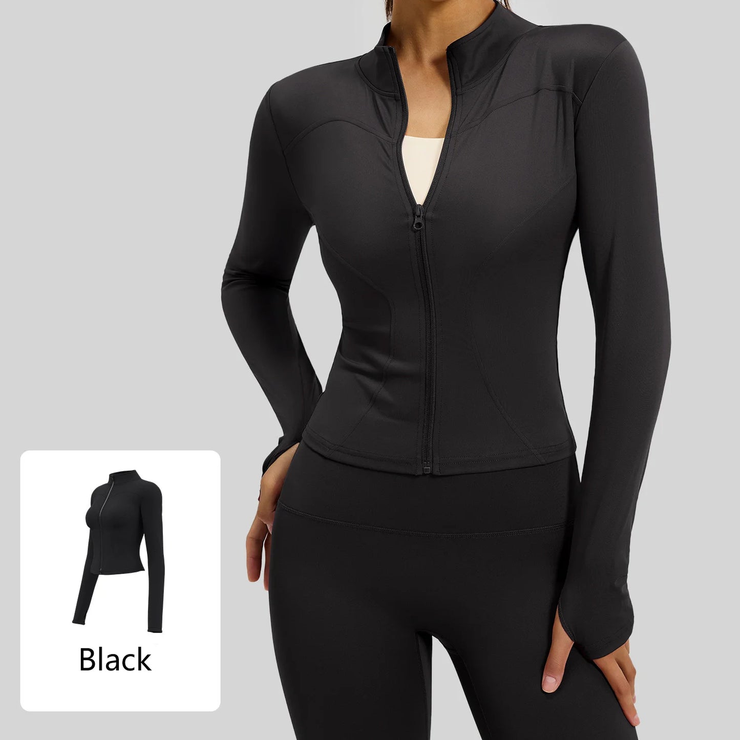 Women's Yoga Jacket: Full-Zip, Stand-Up Collar, Long-Sleeve Fitness Top with Thumb Holes—Quick-Dry Sports Workout Jacket for the