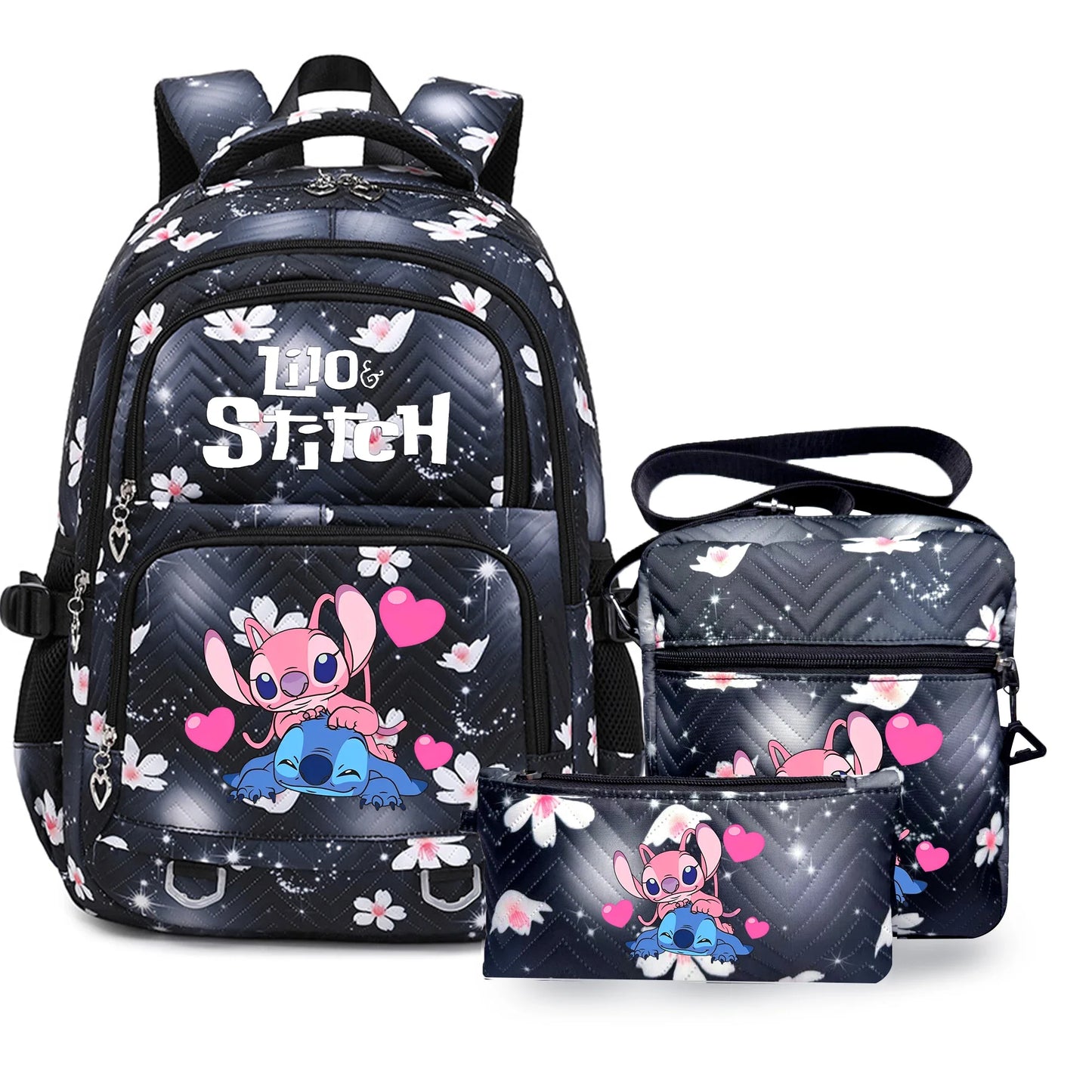 3PC Black Lilo Stitch XL Backpack Lightweight School Student Travel Lunch Bag 05