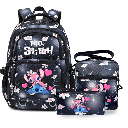 3PC Black Lilo Stitch XL Backpack Lightweight School Student Travel Lunch Bag 05