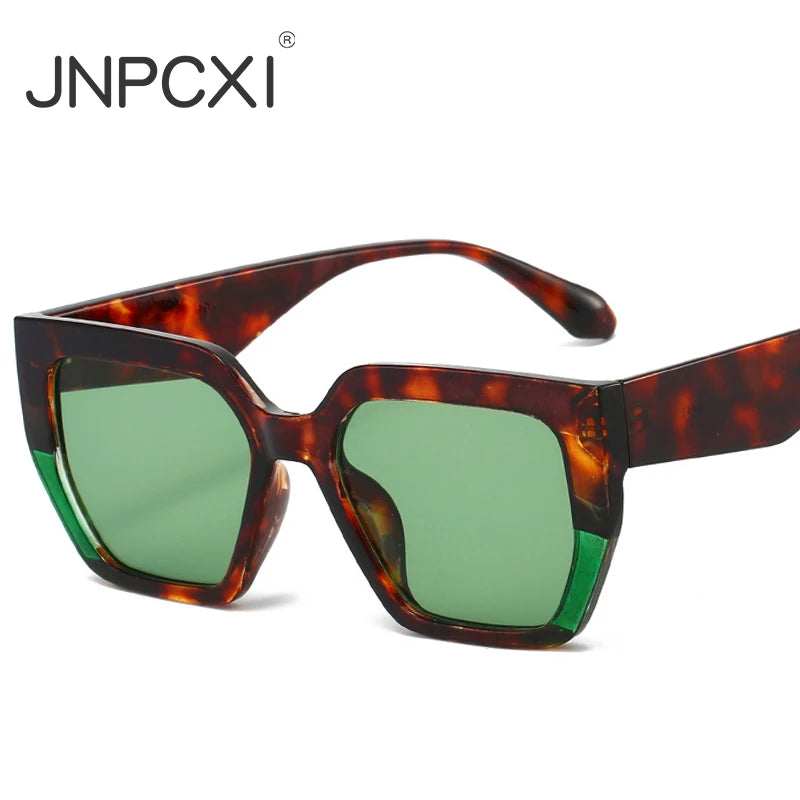 JNPCXI Ins Popular Fashion Square Sunglasses Women Retro Rivets Men Trending Leopard Green Sun Glasses Shades UV400