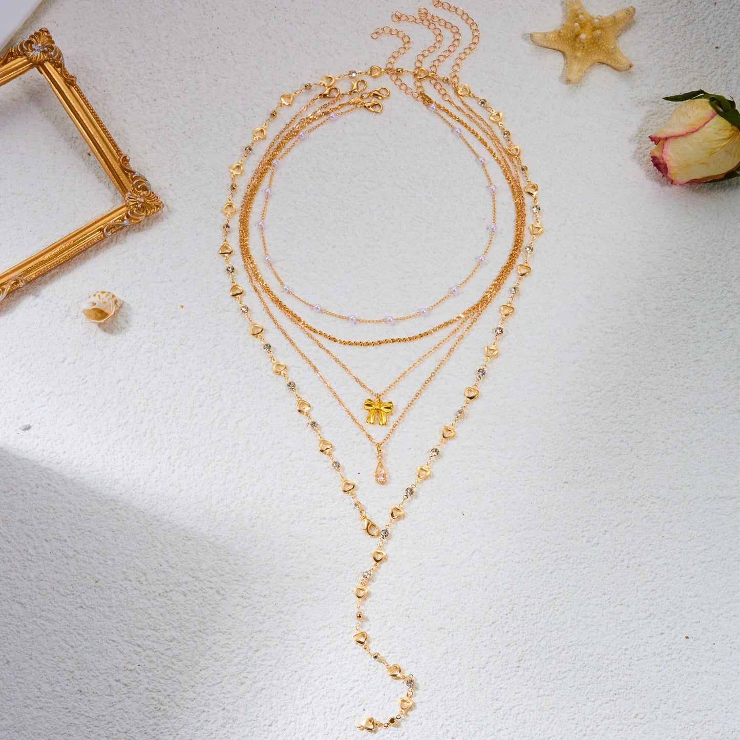 Bow Drop Pearl Layered Long Necklace Set of 5 for Women Dainty Gold Tone Chain Stackable Faux Pearl Bohemian Jewelry Gift