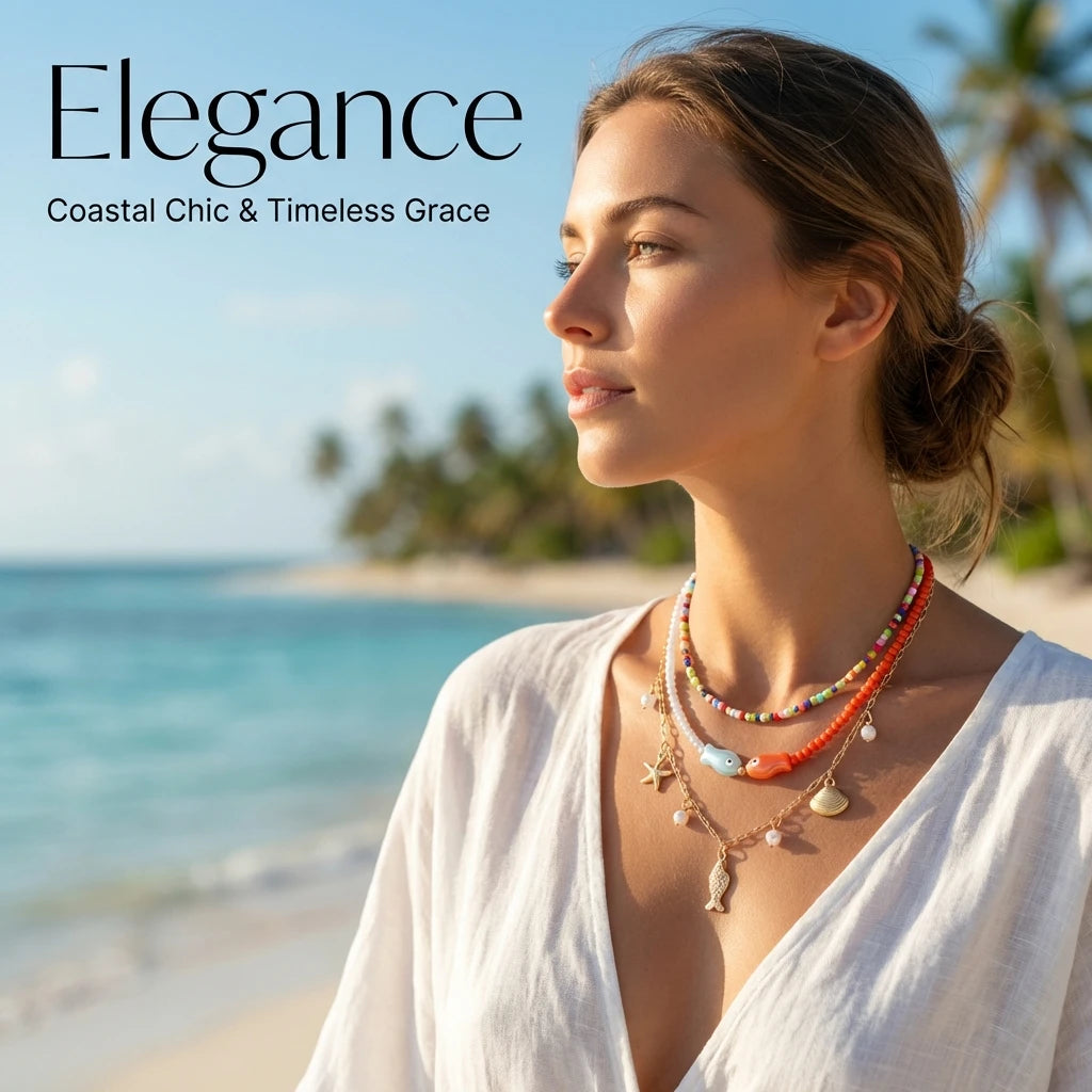 3Pcs/Set Vacation Fish Starfish Shell Seed Bead Necklace Summer Beach Ocean Theme Boho Choker Jewelry For Women