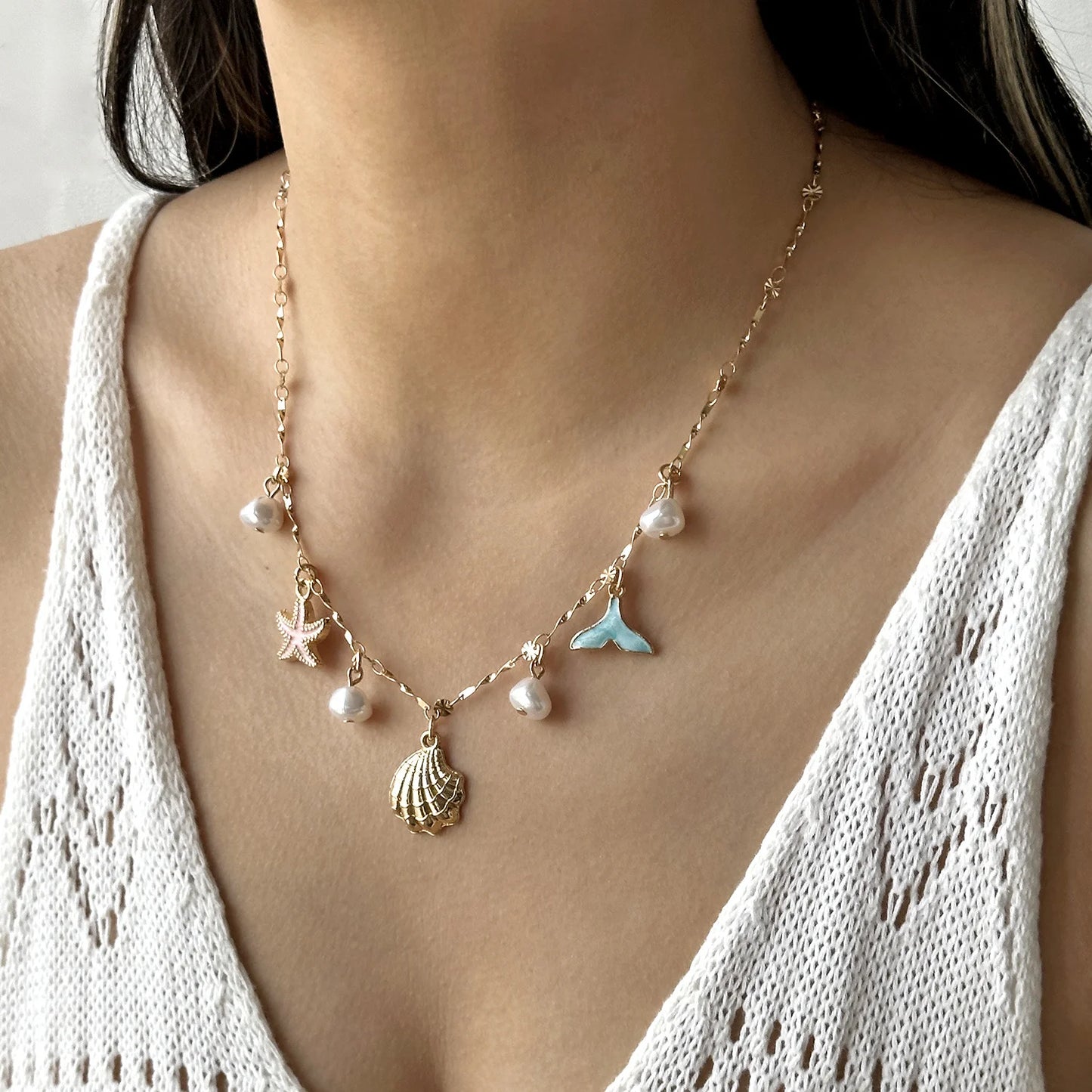Summer Beach Pearl Starfish Shell Necklace Bohemian Ocean Theme Choker For Women Vacation