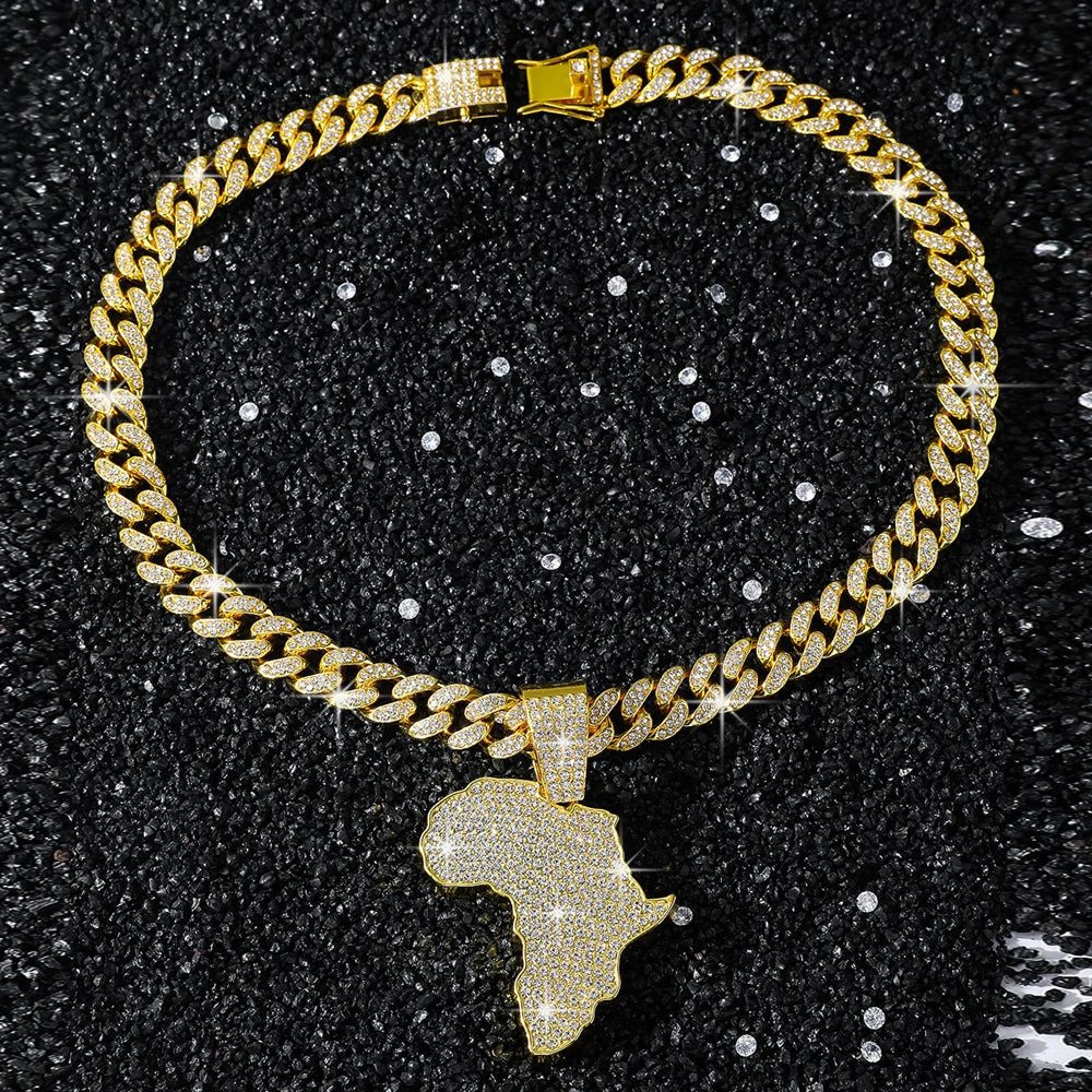 Men Women Hip Hop Africa Map Pendant With 13mm Rhinestones Miami Cuban Chain HipHop Iced Out Bling Necklaces Fashion Jewelry