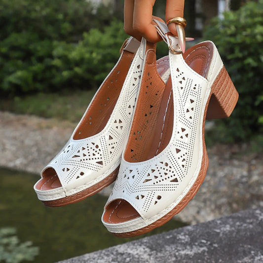 Vintage Hollow Out High Heels Sandals Women Thick Heels Peep Toe Gladiator Sandalias Mujer Plus Size 43 Back Strap Beach Sandles