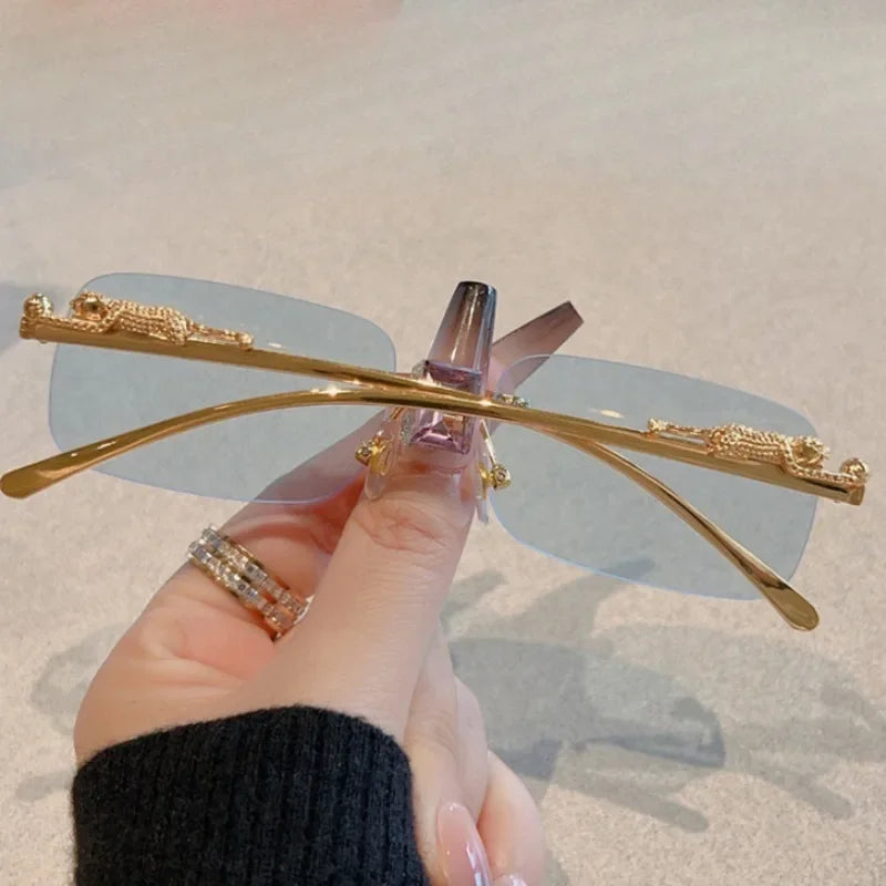 Korean Retro Square Rimless Sunglasses Seaside Cheetah Decoration Frameless Gradient Lens Eyeglasse Outdoor UV Protective Shades