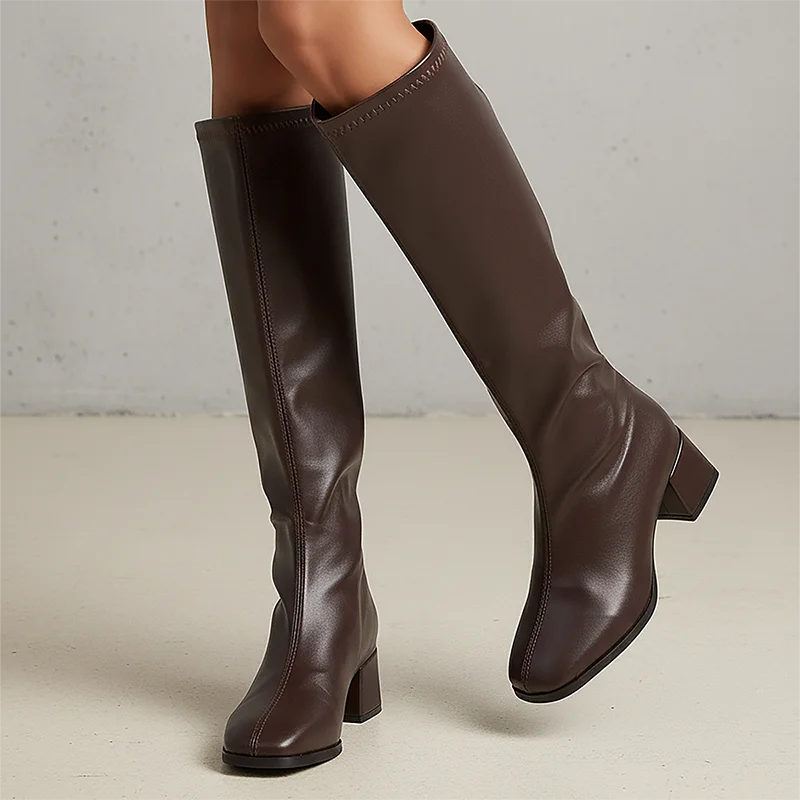Black Pu Leather Knee High Boots Women Fashion Back Zipper High Heels Long Boots Woman Plus Size 35-42 Thick Heel Knight Boots