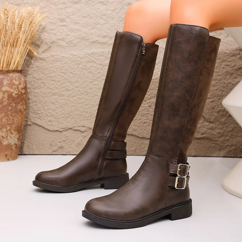 Fashion Buckle Brown Pu Leather Riding Boots Women Plus Size 43 Middle Heel Knee High Boots Woman Round Toe Zipper Long Botas