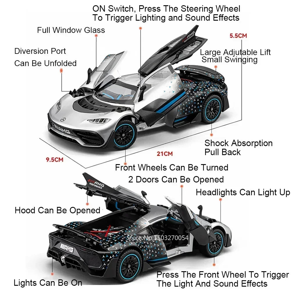 1:24 ONE SLS Alloy Sportscar Toys Model Diecast Vehice Sound Light Pull Back Doors Opened Rubber Tires for Kids Christmas Gifts