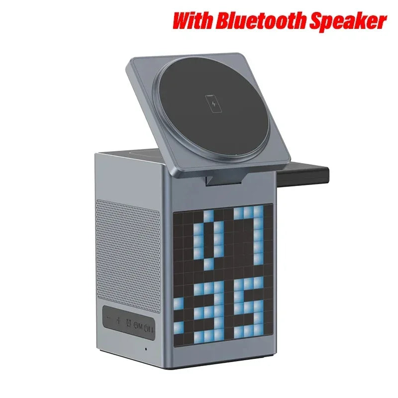 6 in 1 Magnetic Wireless Charger Multifunction with Bluetooth Speaker Alarm Clock for Iphone 16 15 Pro Max for Airpods 2 Iwatch