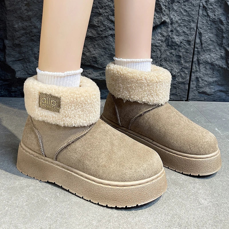 Patchwork Lambswool Platform Snow Boots Women Slip On Thicken Plush Warm Ankle Boots Woman Non Slip Thick Sole Winter Boots 41