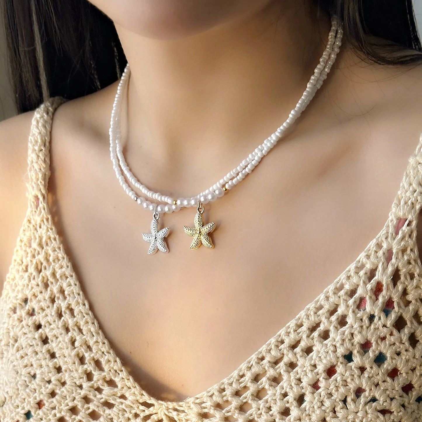 Boho Cute Starfish Shell Rice Beads Necklace for Women Summer Beach Sexy Short Choker Neck Chain Jewelry Vacation Accessories