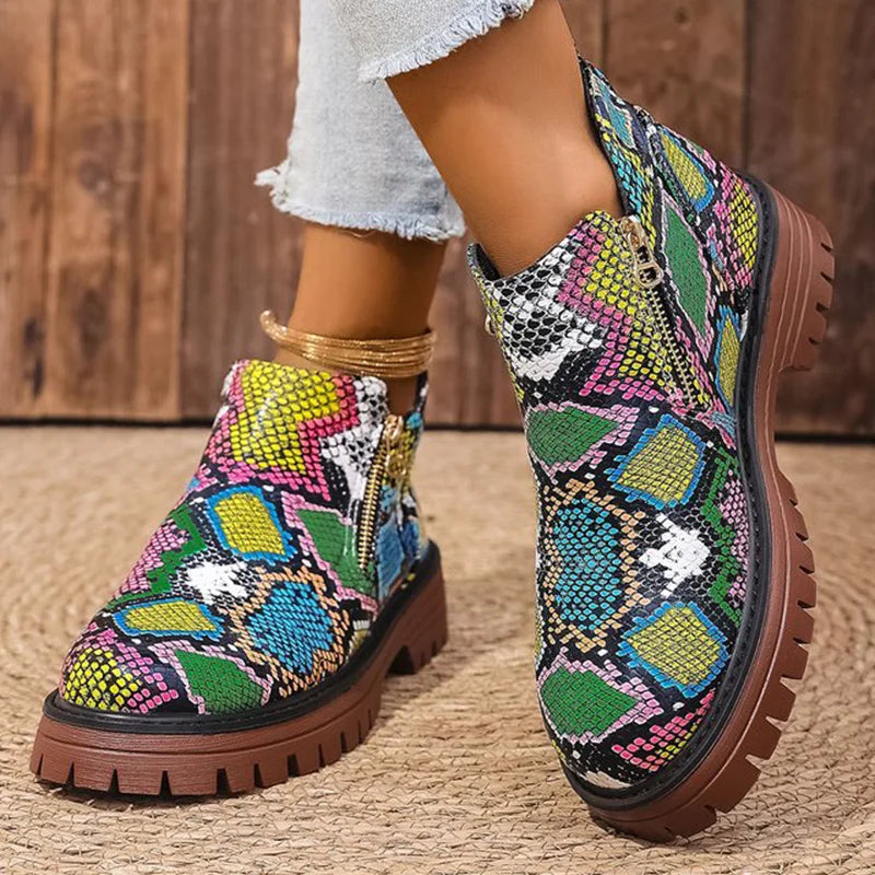 Fashion Snake Print Ankle Boots Women Spring Autumn Plus Size 36-43 Platform Boots for Woman Zipper Up Round Toe Botas Lady
