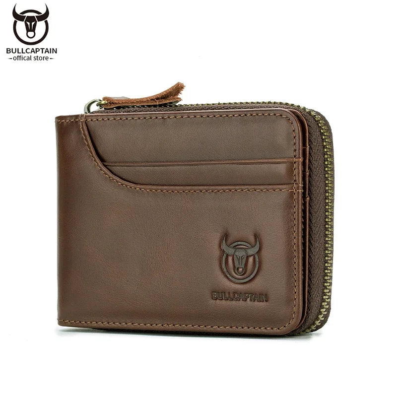 BULLCAPTAIN Men's Genuine Leather Wallet Business Casual Retro RFID Zipper Coin Purse Multi-Card Slot Cash Clip