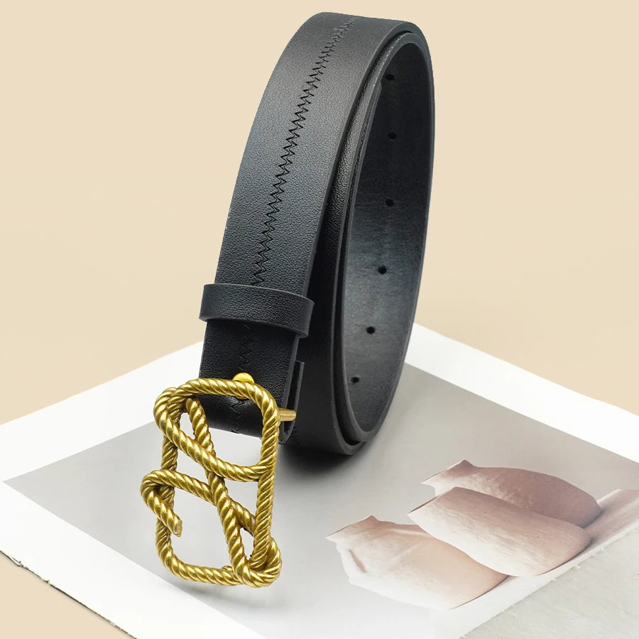 Black Fashionable Casual Women's Belt, Hollowed Out Rope Pattern Buckle, Classic Versatile Women's Belt