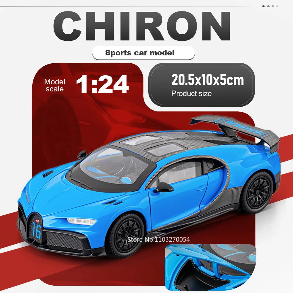 1:24 Chiron Tourbillon Miniature Model Alloy Diecast Car Toy Doors Opened with Sound Light Pull Back Sportscar Festival Surprise