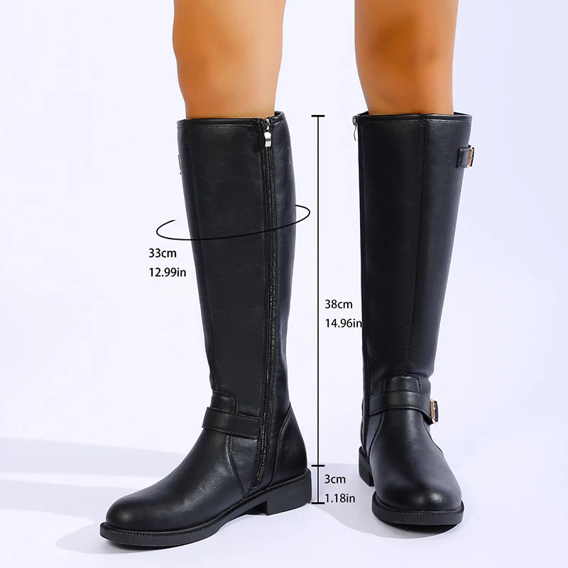 Fashion Buckle Pu Leather Knee High Boots Women Plus Size 43 Low Heels Long Boots Woman 2026 Side Zipper Punk Goth Botas Mujer