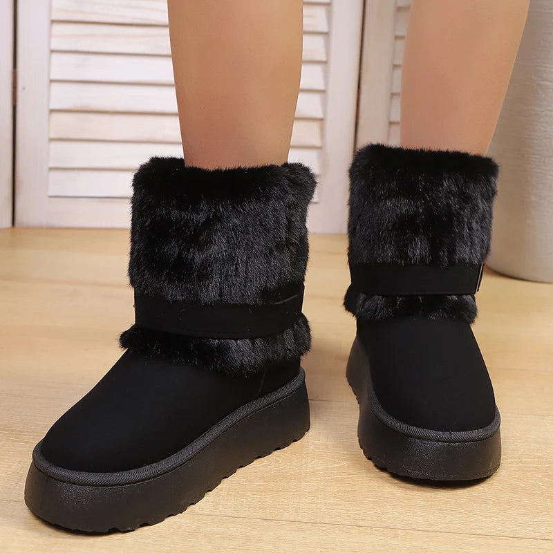Fluffy Fur Non Slip Snow Boots Women Fashion Buckle Thick Bottom Warm Ankle Boots Woman Faux Fur Platform Winter Booties 36-43