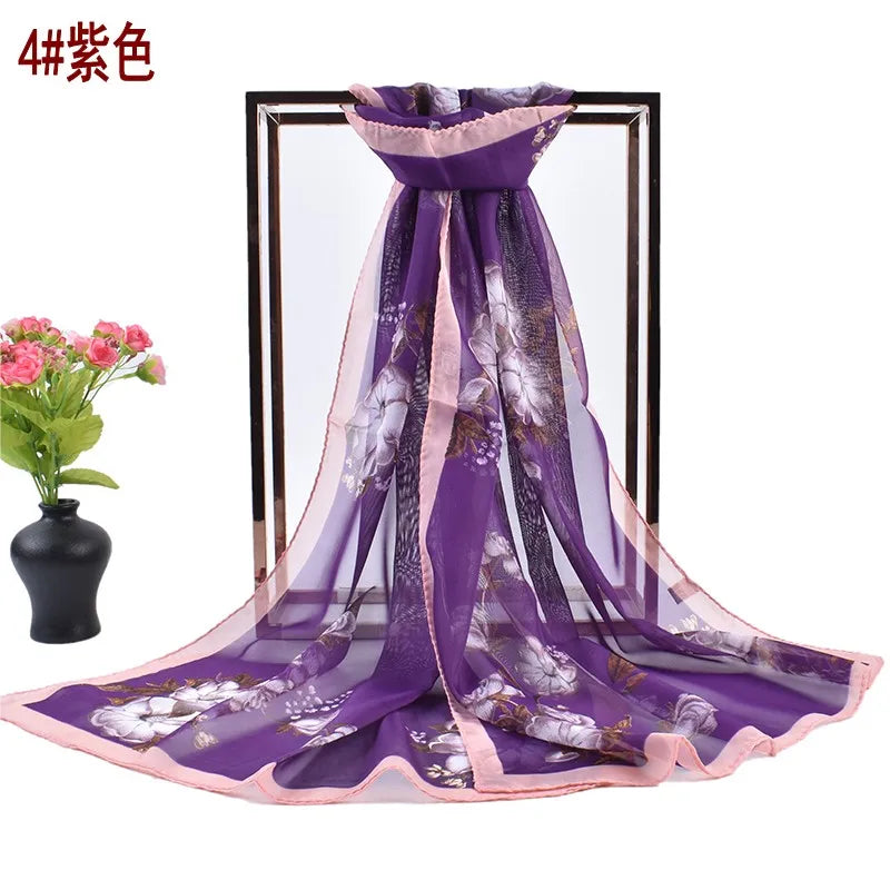 Summer New Fresh and Breathable Thin Natural Flower Printing Chiffon Women's Long Scarf Sunscreen Women's Scarf