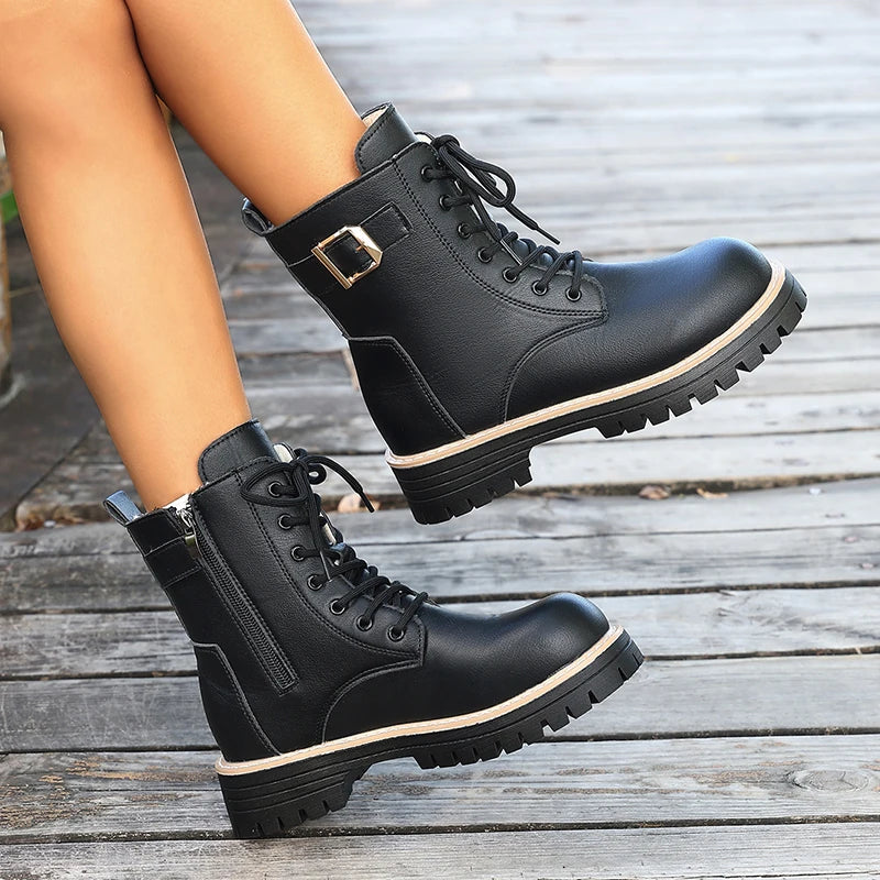 Fashion Black Platform Motorcycle Boots Women Lace Up Warm Short Plush Ankle Boots Woman Buckle Thick Sole Pu Leather Botas 42