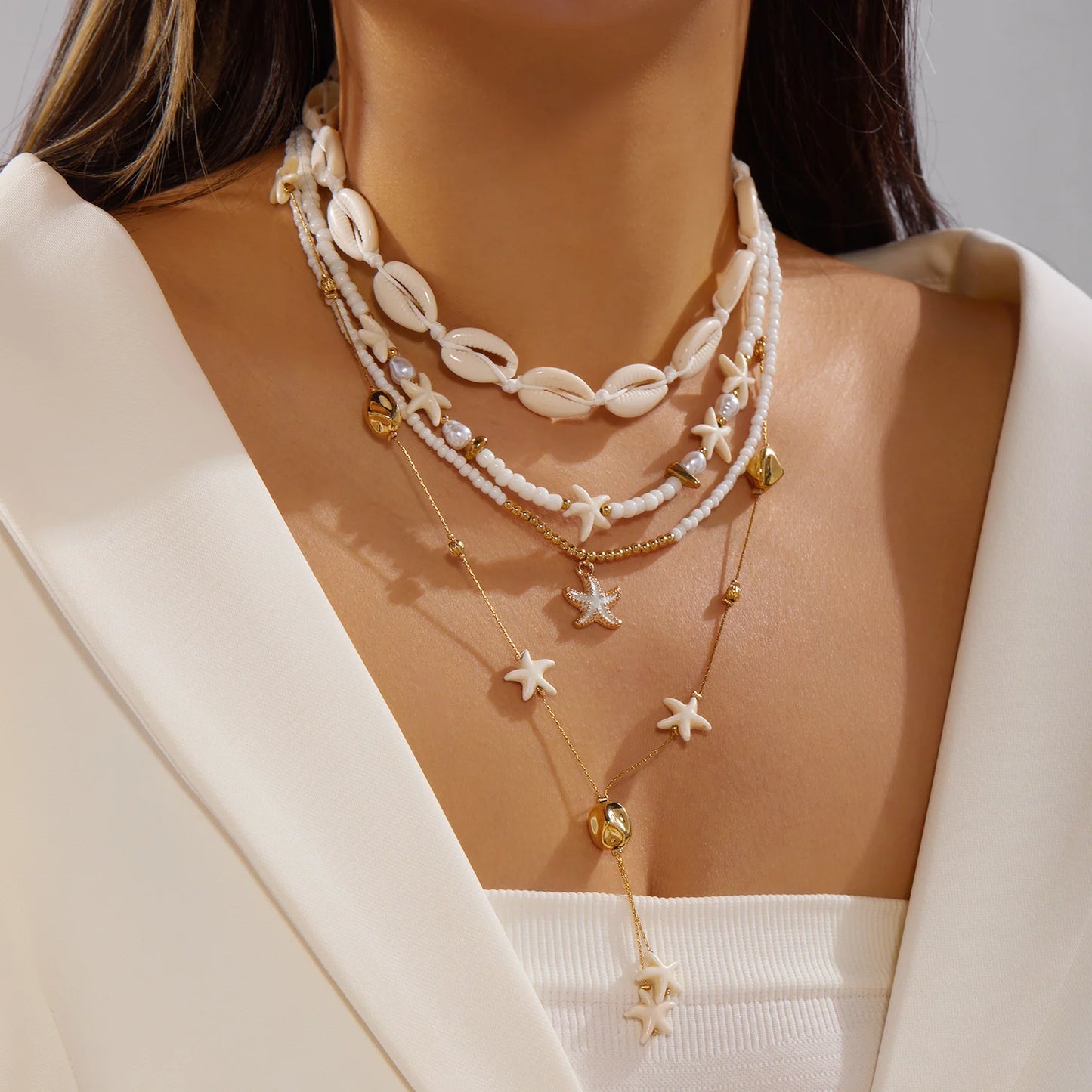 4Pcs/Set Vacation Shell Starfish Seed Bead Long Necklace Summer Beach Ocean Theme Boho Layered Jewelry For Women