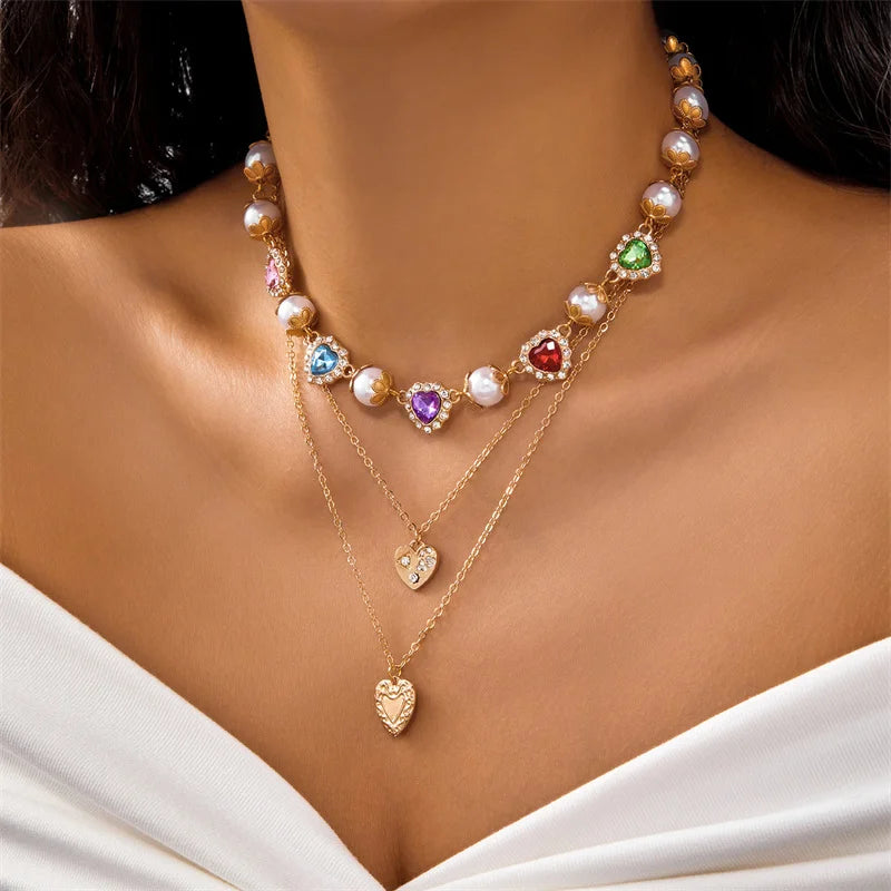 Elegant Imitation Pearl Beads Chain Necklace for Women Collar Wed Bridal Luxury Rhinestone Heart Choker Party Jewelry Gifts