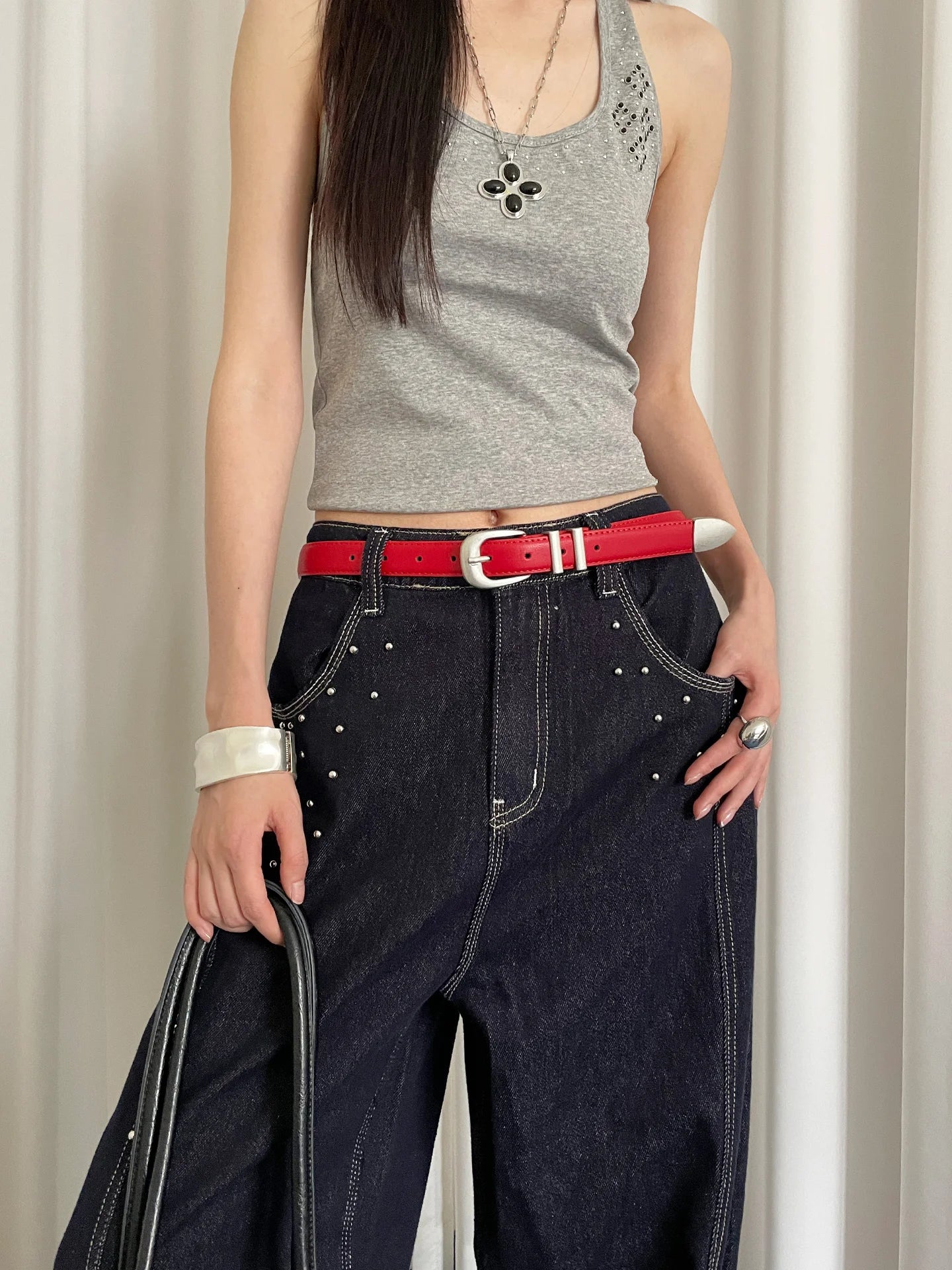 Women's 2025 New Red Cowhide Leather Belt With A Sense Of Design Suitable For Jeans Fashionable And Versatile Belt To Trim The
