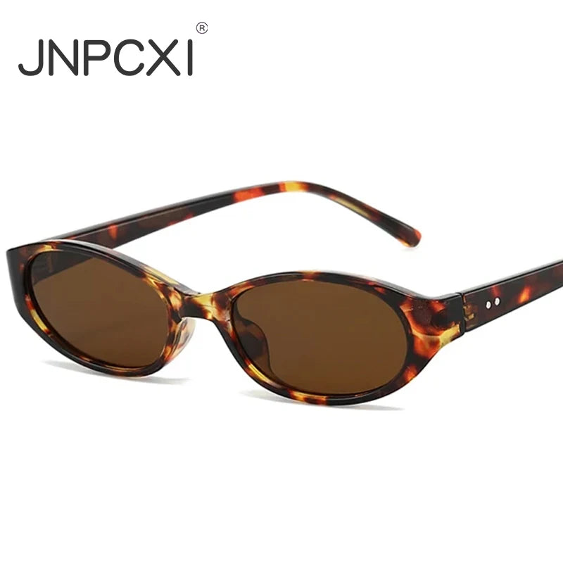 JNPCXI New Fashion Small Oval Punk Men Sunglasses UV400 Retro Rivets Women Cat Eye Leopard Sun Glasses