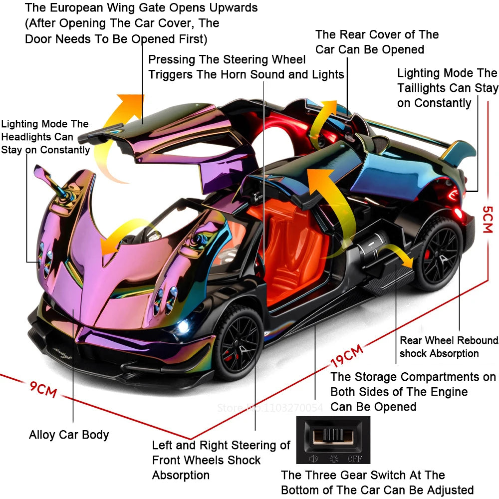 1:24 PAGANI Huayra Dinastia Alloy Diecast Model Miniature Toys Car Doors Opened Sound Light Pull Back Vehices Boy Birthday Gifts