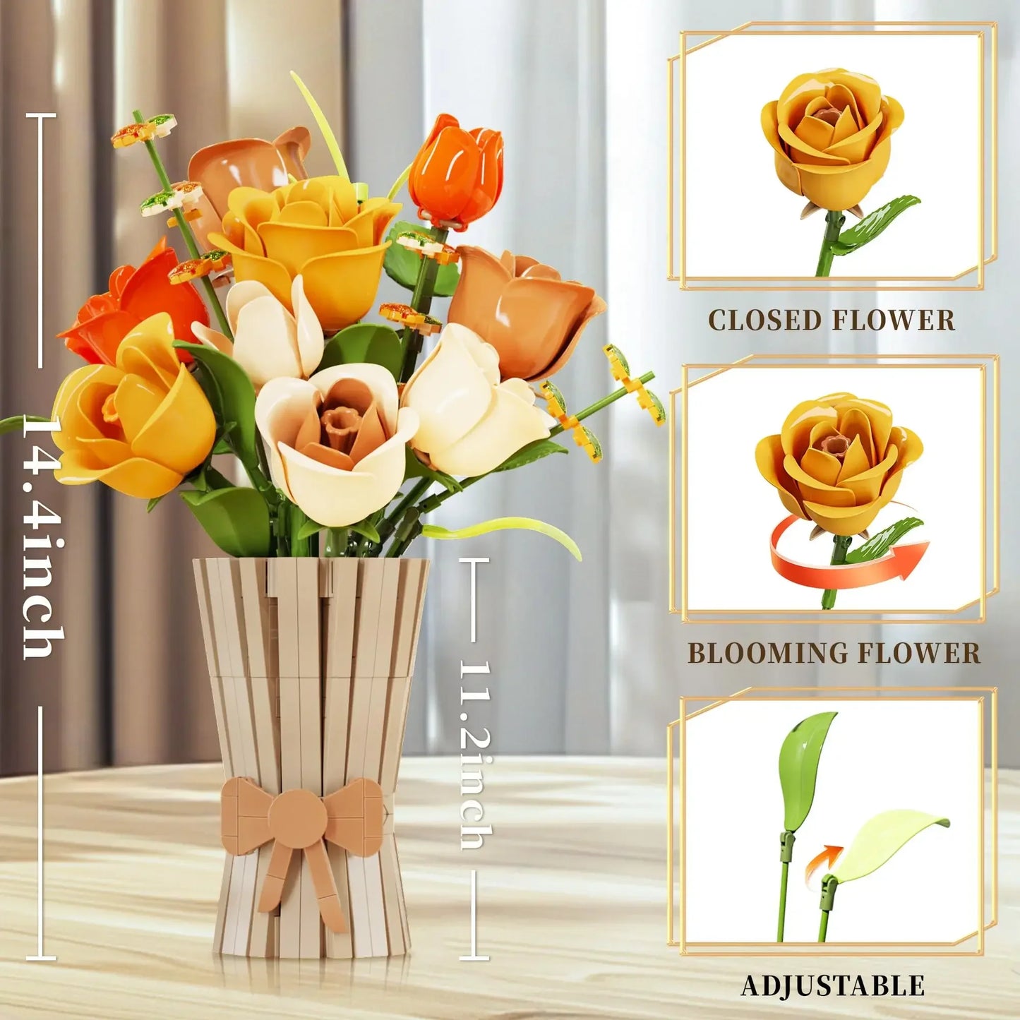 868PCS Rose Bouquet Building Blocks Eternal Flower Vase Bricks Home Decoration