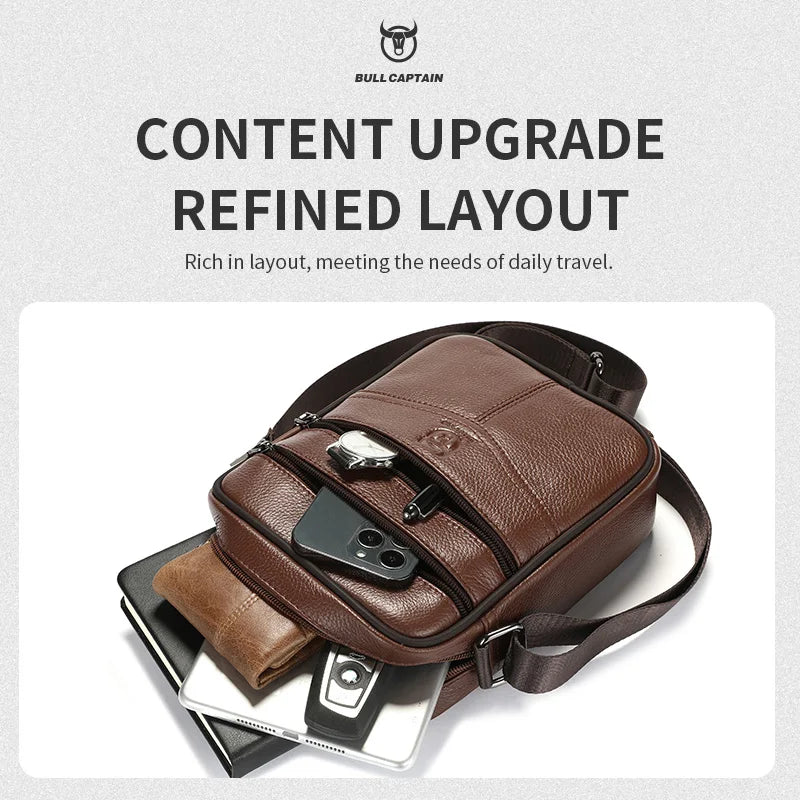 BULLCAPTAIN Men's Shoulder Bag Genuine Leather Casual Business Leather Bag Multifunctional 7.9-inch Flat Panel Postman Bag