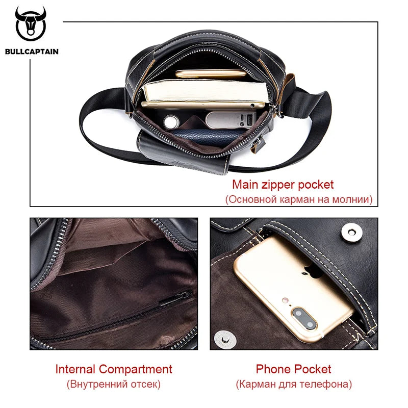 BULLCAPTAIN Casual Fashion Men's Messenger Bag's Business Portable Handbag Man Leather Shoulder Bag Mobile 6.5'' Phone Bags