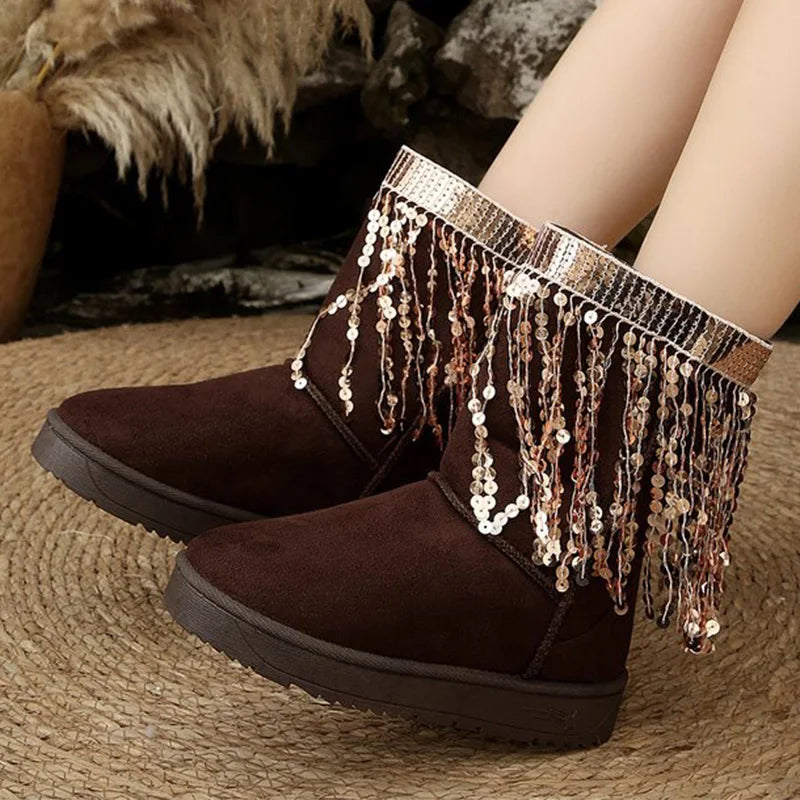 Elegant Shiny Detor Snow Boots for Women Short Plush Thicken Warm Snow Boots Woman Winter Faux Suede Platform Cotton Shoes Lady