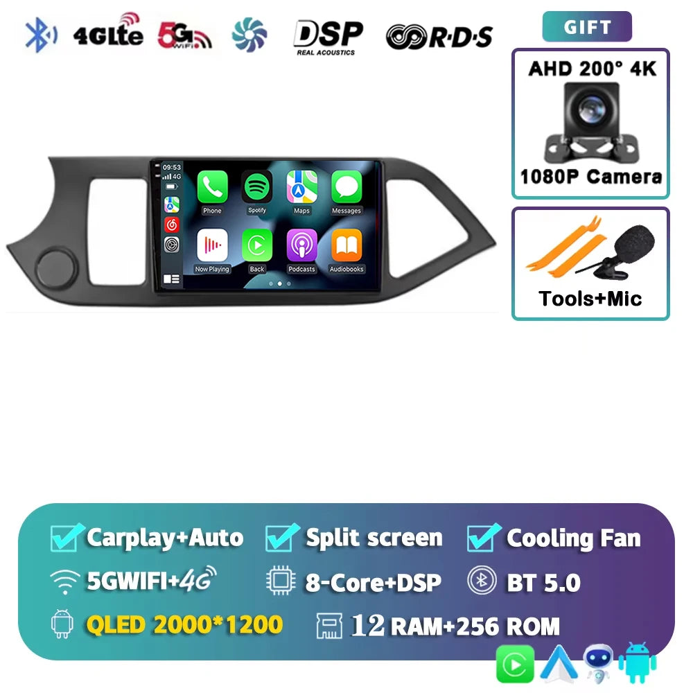 For KIA PICANTO Morning 2011 2012 - 2017 2K 12+256 QLED Android 15 CarPlay Car Radio Multimedia Video Player GPS stereo Head DSP