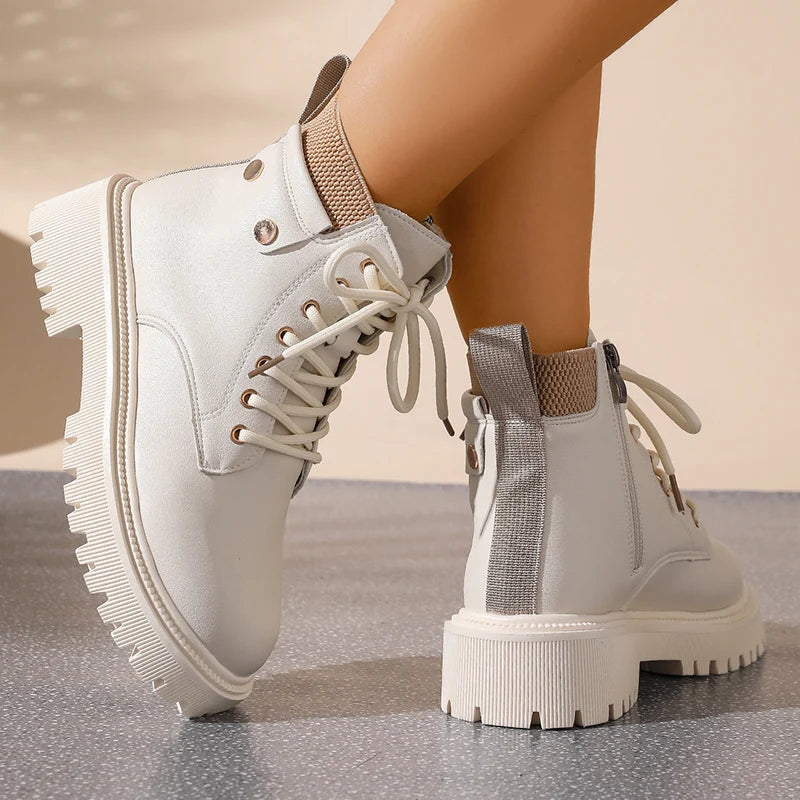 Winter Warm Thicken Plush Ankle Boots Women Fashion Lace Up Platform Combat Boots Woman Comfort Zipper Pu Leather Short Booties