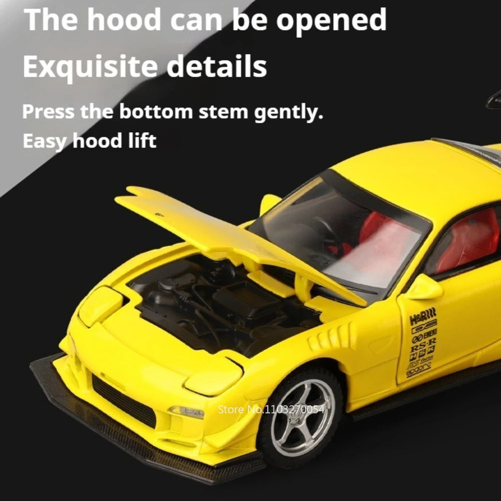 1:32 RX-7 FD3S MX-5 Miniature Model Toys Diecast Alloy Car Front Wheel Steering with Sound Light Pull Back Vehices Children Gift